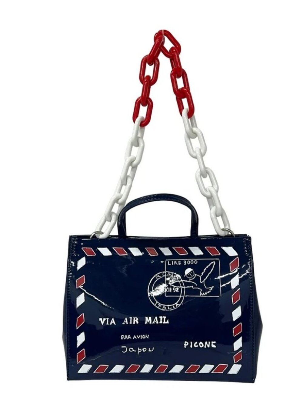 PICONE Navy White Red Patent Leather (Synthetic Leather) Tote Bag